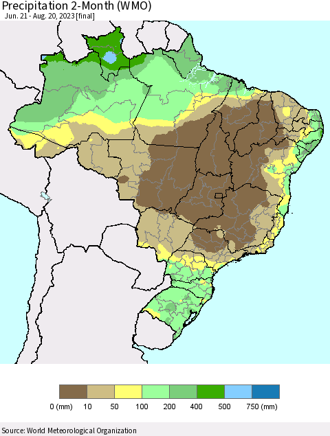 Brazil Precipitation 2-Month (WMO) Thematic Map For 6/21/2023 - 8/20/2023