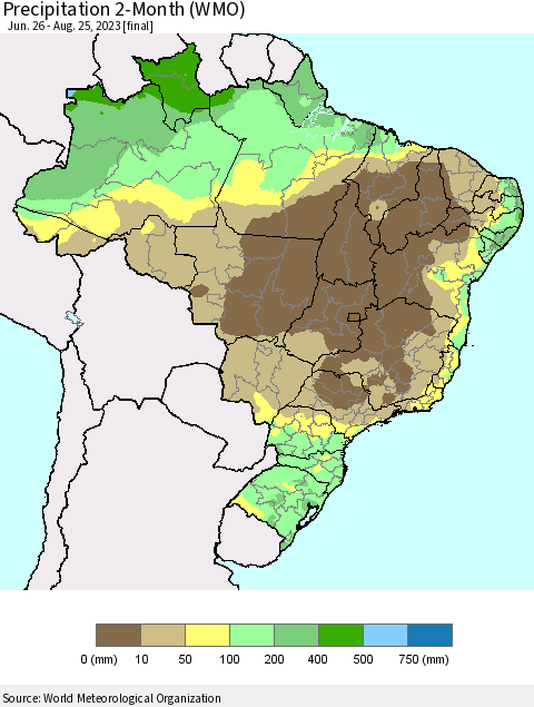 Brazil Precipitation 2-Month (WMO) Thematic Map For 6/26/2023 - 8/25/2023