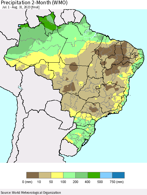 Brazil Precipitation 2-Month (WMO) Thematic Map For 7/1/2023 - 8/31/2023