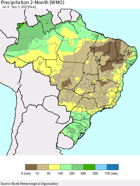 Brazil Precipitation 2-Month (WMO) Thematic Map For 7/6/2023 - 9/5/2023