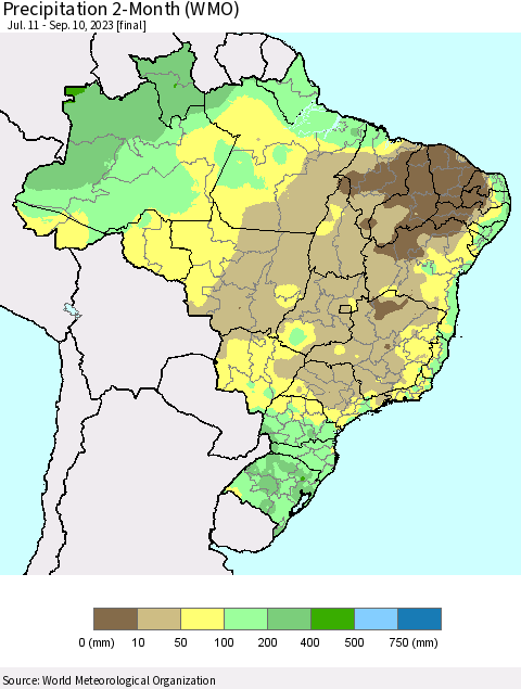 Brazil Precipitation 2-Month (WMO) Thematic Map For 7/11/2023 - 9/10/2023