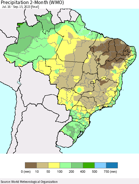 Brazil Precipitation 2-Month (WMO) Thematic Map For 7/16/2023 - 9/15/2023