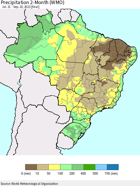 Brazil Precipitation 2-Month (WMO) Thematic Map For 7/21/2023 - 9/20/2023