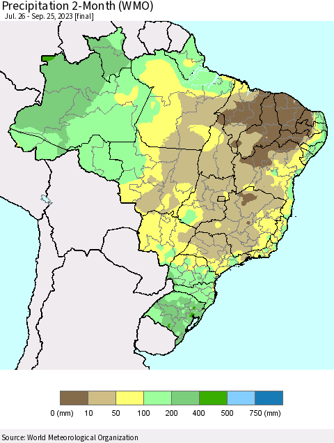 Brazil Precipitation 2-Month (WMO) Thematic Map For 7/26/2023 - 9/25/2023