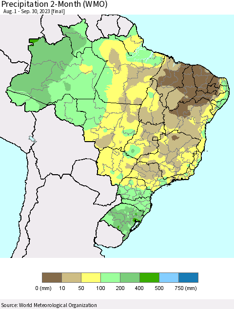 Brazil Precipitation 2-Month (WMO) Thematic Map For 8/1/2023 - 9/30/2023