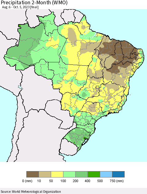 Brazil Precipitation 2-Month (WMO) Thematic Map For 8/6/2023 - 10/5/2023