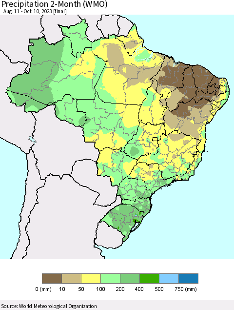 Brazil Precipitation 2-Month (WMO) Thematic Map For 8/11/2023 - 10/10/2023