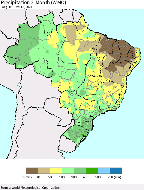 Brazil Precipitation 2-Month (WMO) Thematic Map For 8/16/2023 - 10/15/2023