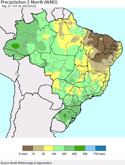 Brazil Precipitation 2-Month (WMO) Thematic Map For 8/21/2023 - 10/20/2023