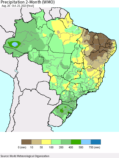 Brazil Precipitation 2-Month (WMO) Thematic Map For 8/26/2023 - 10/25/2023
