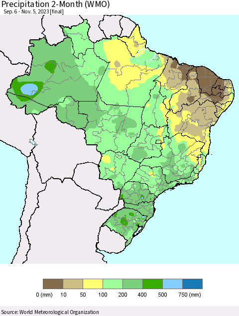 Brazil Precipitation 2-Month (WMO) Thematic Map For 9/6/2023 - 11/5/2023