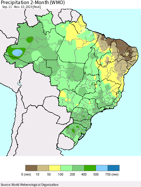 Brazil Precipitation 2-Month (WMO) Thematic Map For 9/11/2023 - 11/10/2023