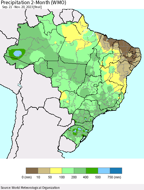 Brazil Precipitation 2-Month (WMO) Thematic Map For 9/21/2023 - 11/20/2023