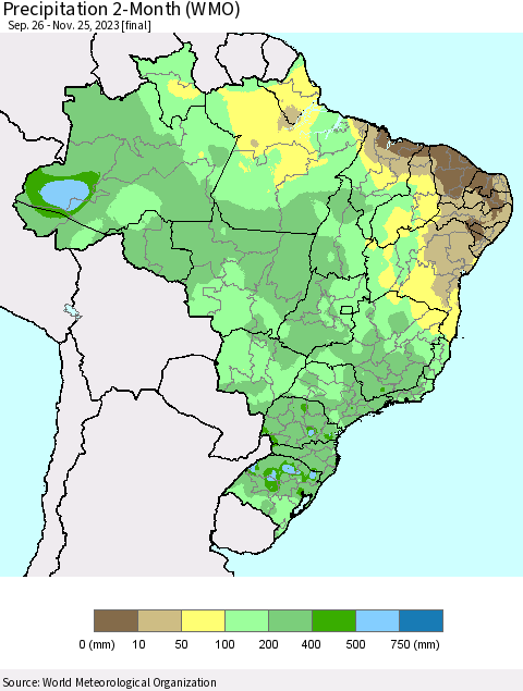 Brazil Precipitation 2-Month (WMO) Thematic Map For 9/26/2023 - 11/25/2023