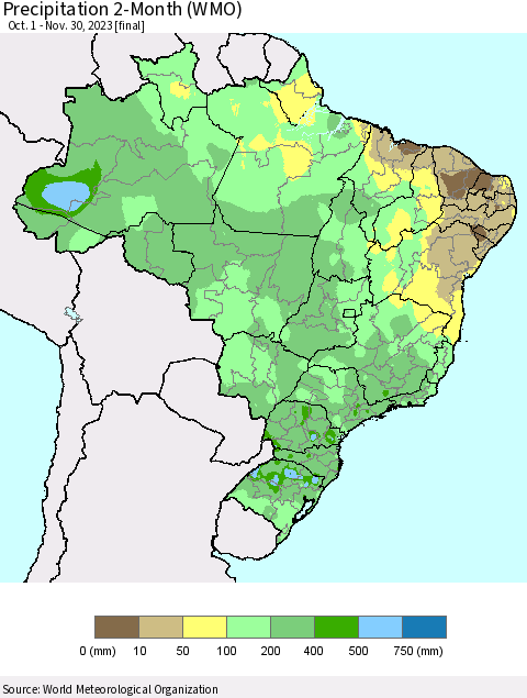 Brazil Precipitation 2-Month (WMO) Thematic Map For 10/1/2023 - 11/30/2023