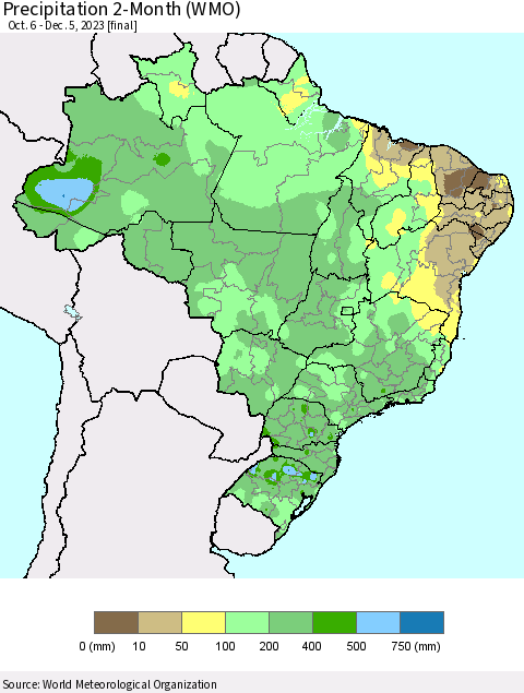 Brazil Precipitation 2-Month (WMO) Thematic Map For 10/6/2023 - 12/5/2023