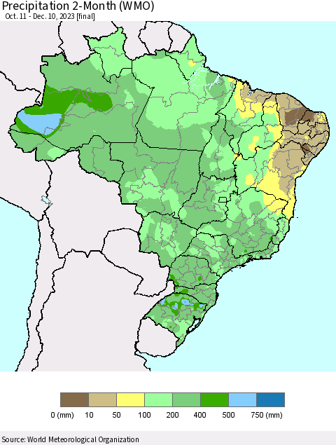 Brazil Precipitation 2-Month (WMO) Thematic Map For 10/11/2023 - 12/10/2023