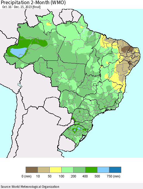 Brazil Precipitation 2-Month (WMO) Thematic Map For 10/16/2023 - 12/15/2023
