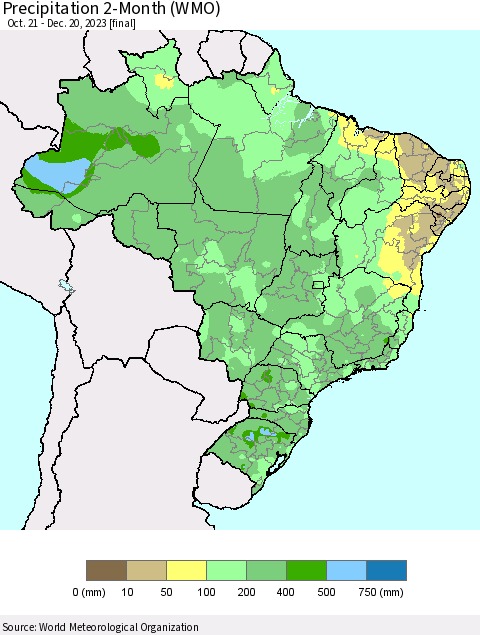 Brazil Precipitation 2-Month (WMO) Thematic Map For 10/21/2023 - 12/20/2023