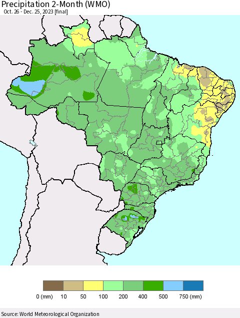 Brazil Precipitation 2-Month (WMO) Thematic Map For 10/26/2023 - 12/25/2023