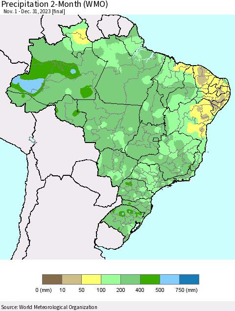 Brazil Precipitation 2-Month (WMO) Thematic Map For 11/1/2023 - 12/31/2023
