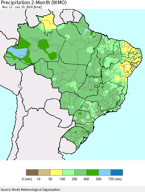 Brazil Precipitation 2-Month (WMO) Thematic Map For 11/11/2023 - 1/10/2024