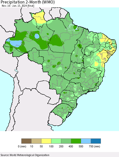 Brazil Precipitation 2-Month (WMO) Thematic Map For 11/16/2023 - 1/15/2024