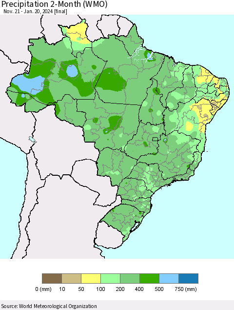 Brazil Precipitation 2-Month (WMO) Thematic Map For 11/21/2023 - 1/20/2024