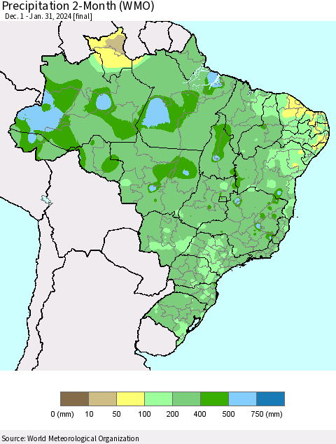 Brazil Precipitation 2-Month (WMO) Thematic Map For 12/1/2023 - 1/31/2024