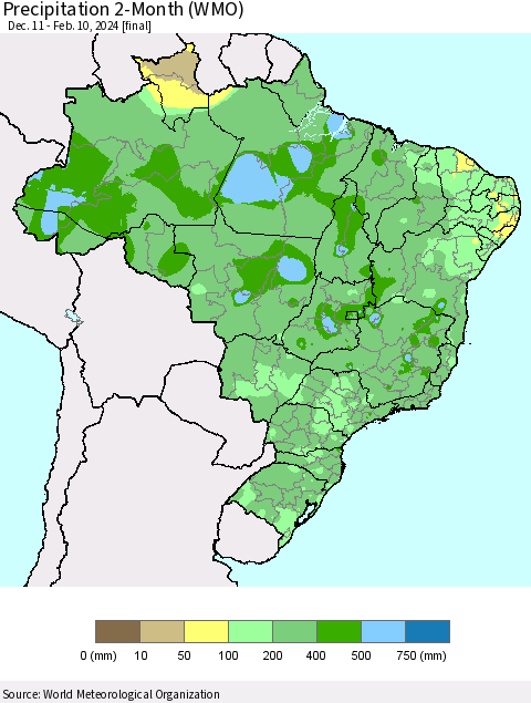 Brazil Precipitation 2-Month (WMO) Thematic Map For 12/11/2023 - 2/10/2024