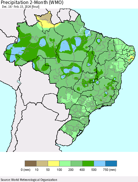 Brazil Precipitation 2-Month (WMO) Thematic Map For 12/16/2023 - 2/15/2024