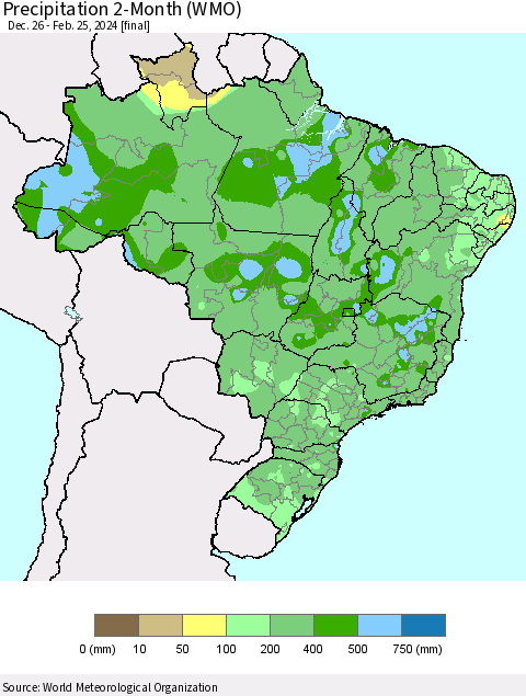 Brazil Precipitation 2-Month (WMO) Thematic Map For 12/26/2023 - 2/25/2024