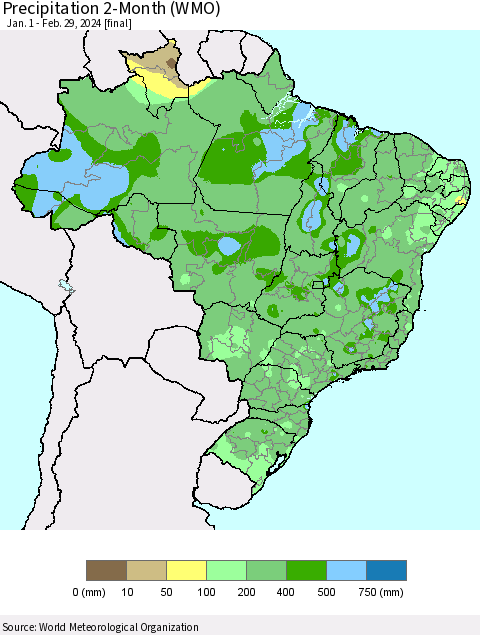 Brazil Precipitation 2-Month (WMO) Thematic Map For 1/1/2024 - 2/29/2024