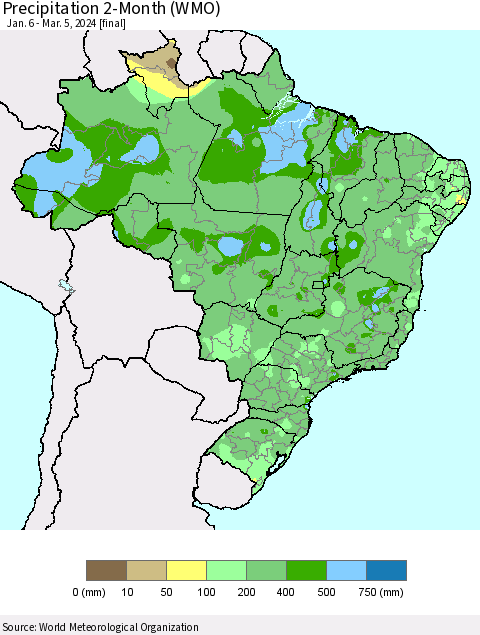 Brazil Precipitation 2-Month (WMO) Thematic Map For 1/6/2024 - 3/5/2024