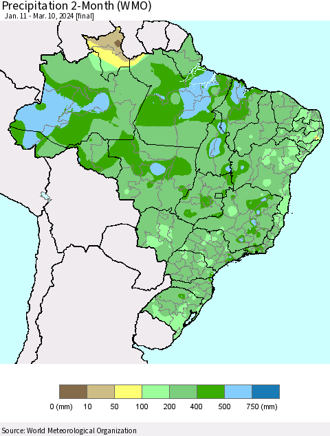 Brazil Precipitation 2-Month (WMO) Thematic Map For 1/11/2024 - 3/10/2024