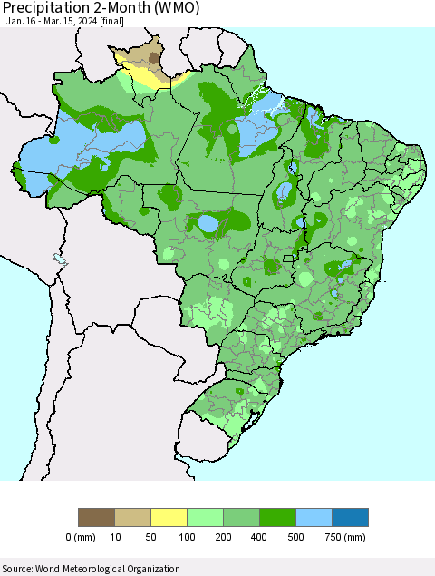 Brazil Precipitation 2-Month (WMO) Thematic Map For 1/16/2024 - 3/15/2024