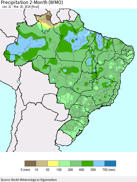 Brazil Precipitation 2-Month (WMO) Thematic Map For 1/21/2024 - 3/20/2024