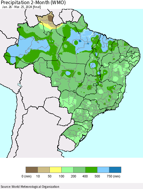 Brazil Precipitation 2-Month (WMO) Thematic Map For 1/26/2024 - 3/25/2024