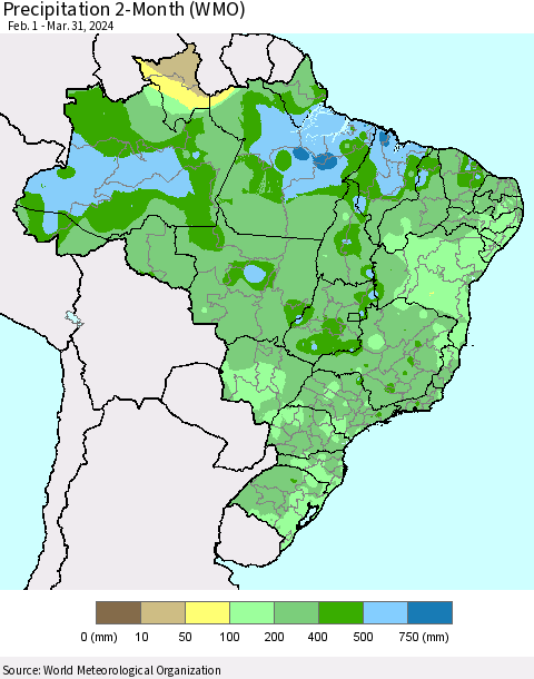 Brazil Precipitation 2-Month (WMO) Thematic Map For 2/1/2024 - 3/31/2024