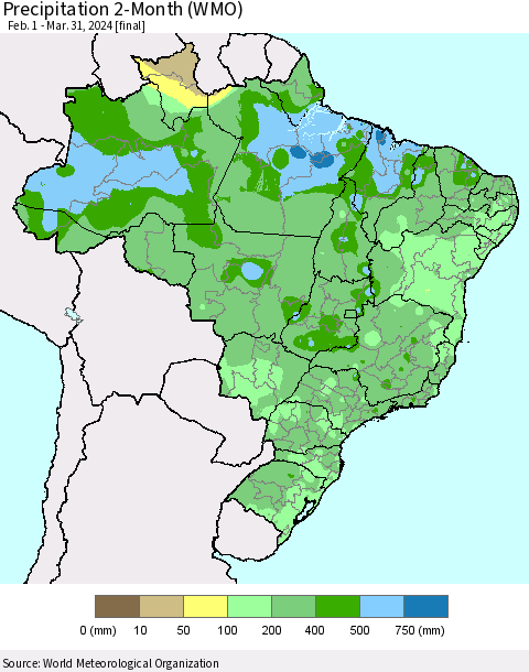 Brazil Precipitation 2-Month (WMO) Thematic Map For 2/1/2024 - 3/31/2024