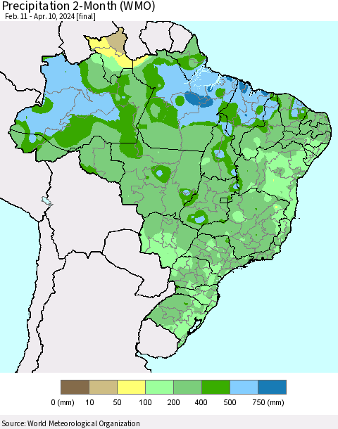 Brazil Precipitation 2-Month (WMO) Thematic Map For 2/11/2024 - 4/10/2024