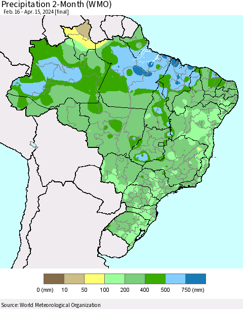 Brazil Precipitation 2-Month (WMO) Thematic Map For 2/16/2024 - 4/15/2024