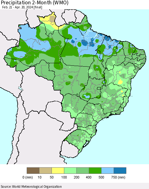 Brazil Precipitation 2-Month (WMO) Thematic Map For 2/21/2024 - 4/20/2024