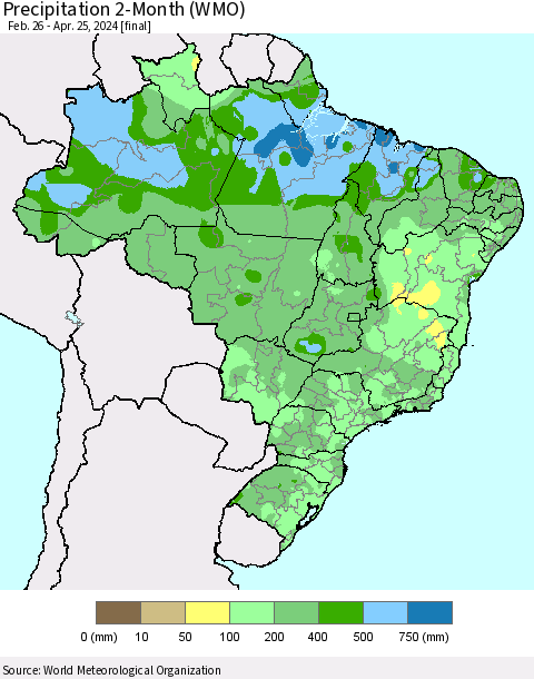 Brazil Precipitation 2-Month (WMO) Thematic Map For 2/26/2024 - 4/25/2024