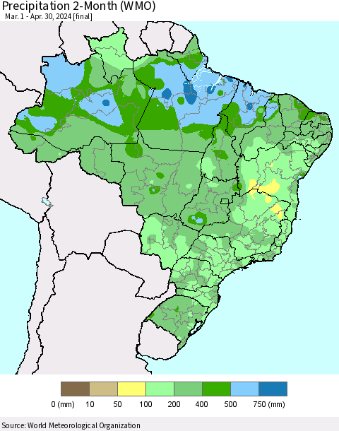 Brazil Precipitation 2-Month (WMO) Thematic Map For 3/1/2024 - 4/30/2024