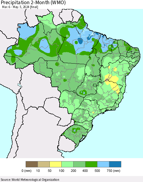 Brazil Precipitation 2-Month (WMO) Thematic Map For 3/6/2024 - 5/5/2024