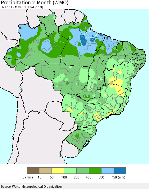 Brazil Precipitation 2-Month (WMO) Thematic Map For 3/11/2024 - 5/10/2024