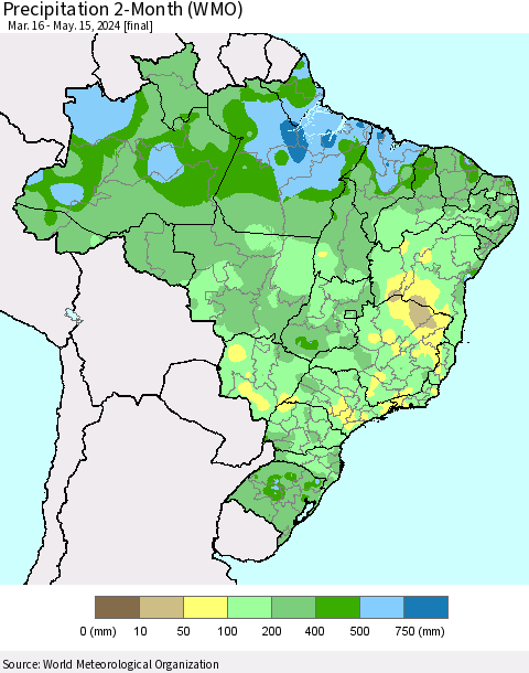 Brazil Precipitation 2-Month (WMO) Thematic Map For 3/16/2024 - 5/15/2024