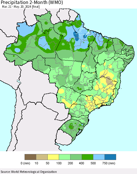 Brazil Precipitation 2-Month (WMO) Thematic Map For 3/21/2024 - 5/20/2024