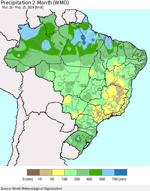 Brazil Precipitation 2-Month (WMO) Thematic Map For 3/26/2024 - 5/25/2024